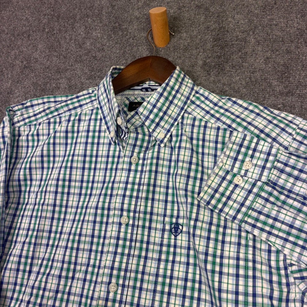 Ariat Pro Series Shirt Mens M Blue Green Plaid Long Sleeve Western Button Down